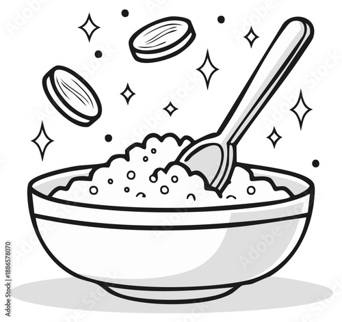 Cartoon bowl of porridge with spoon and dates
