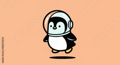 Cartoon penguin astronaut on peach background