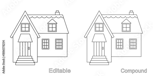 Suburban house set on a white background. Editable and compound outline drawing, isolated.  Linear icon, vector illustration. House for coloring page.