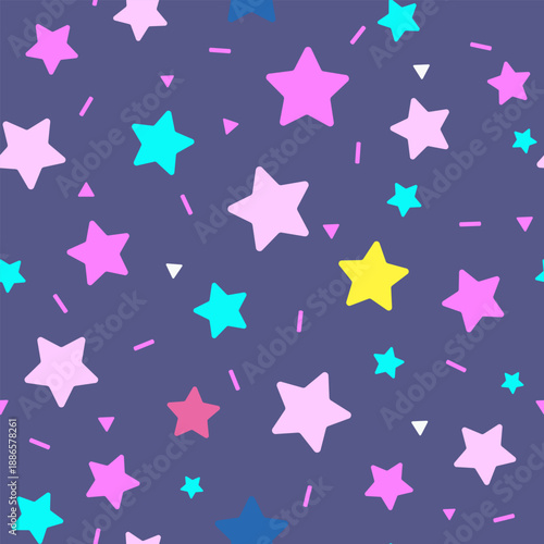 Color stars isolated on a purple background. Seamless pattern under clipping mask. Childish background for paper, cover, textile, gift wrap.