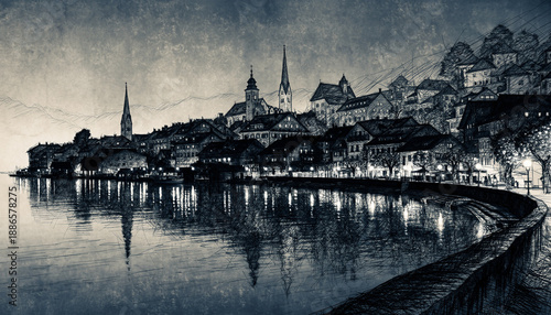 Nighttime Cityscape Along a Reflective Waterfront.