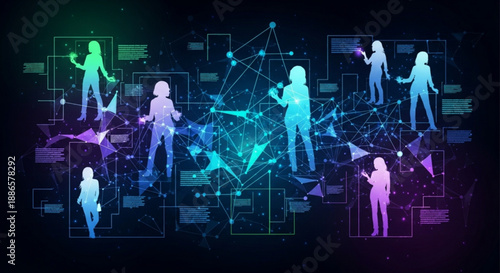 Neon human silhouettes interconnected network with data points and lines on dark background