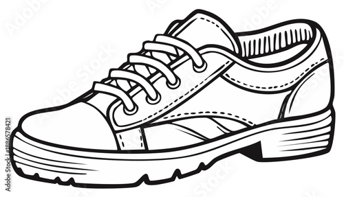 Single line drawing of a simple shoe, low heel, laces and stitch design, outline style