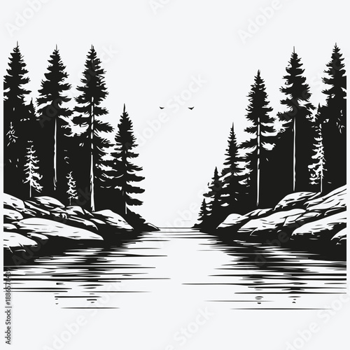 Pine forest and river sketch illustration vector