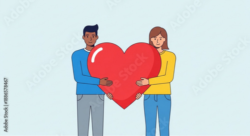 Diverse couple holding large red heart symbol together in love