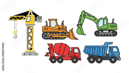 Construction Equipment: A collection of vibrant construction equipment, including a crane, bulldozer, excavator, concrete mixer, and dump truck, ready to build the infrastructure of tomorrow.