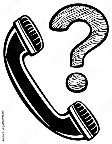 Old fashioned telephone receiver next to a question mark symbol illustration