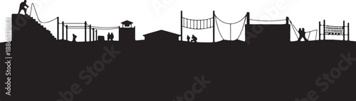 Silhouette of people building a bridge over a canyon