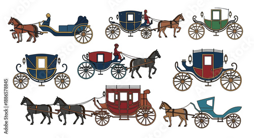 Vintage horse drawn carriages collection an illustrated set of historical transportation vehicles