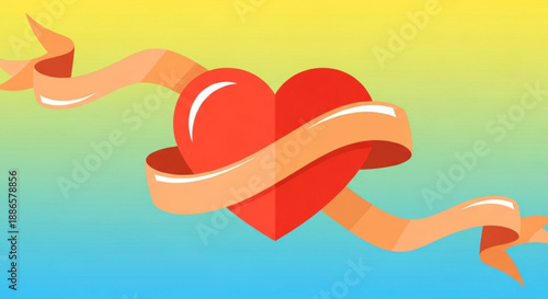 Red heart wrapped with orange ribbon on colorful gradient background symbolizing love