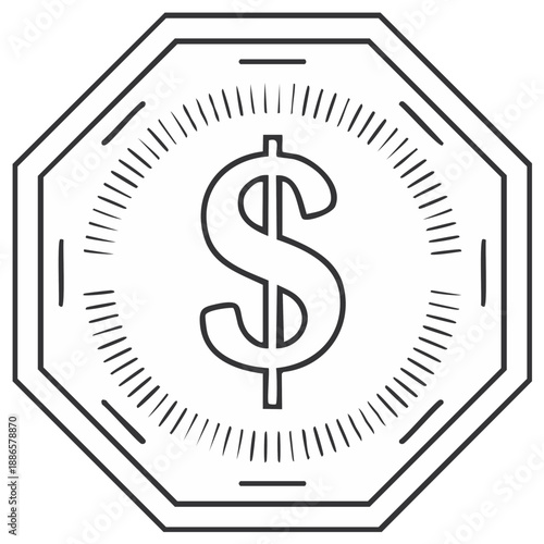Minimalist money vector icon with dollar sign, finance and currency concept, coin shape, outline design, editable stroke