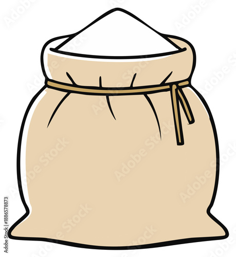 Sack full of white powdery substance tied with string illustration