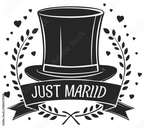 Just married symbol with top hat, laurel wreath and ribbon for wedding celebration, vector graphics