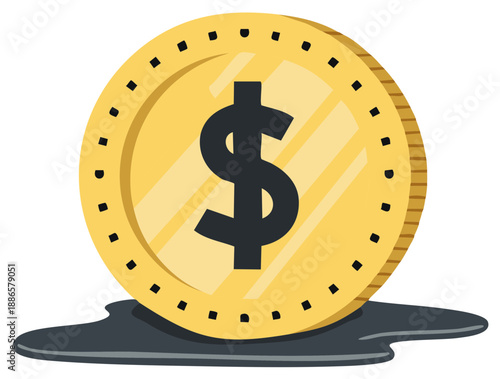 Dollar coin illustration melting into puddle, financial crisis concept