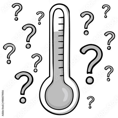 Thermometer surrounded by question marks, symbolizing uncertainty about temperature