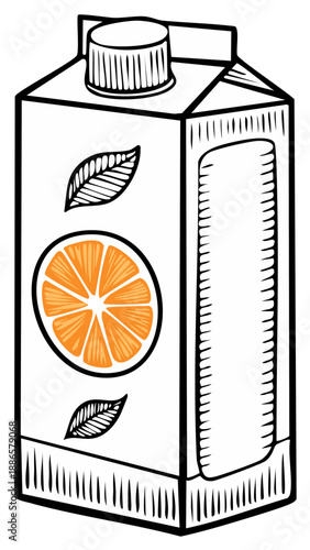 Orange juice carton with leaf and orange slice illustration