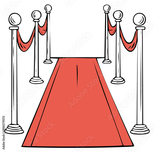 Elegant Red Carpet Entrance with Polished Stanchions and Flowing Velvet Ropes