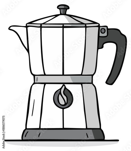 Classic Italian Moka Pot Coffee Maker with Flame Symbol - Simple Line Art