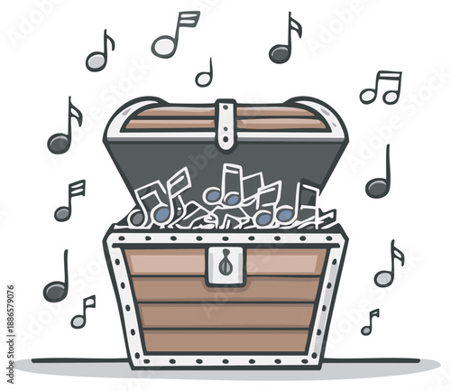 Treasure Chest Overflowing with Musical Notes Cartoon Drawing