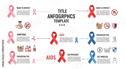 Aids awareness infographic template with ribbons and icons for health education