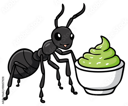 Happy black ant cartoon illustration standing beside a small bowl of green creamy dip