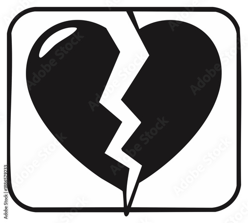 Black broken heart on white square background symbolizing grief and heartache