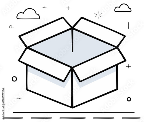 Open cardboard box with scattered clouds and graphic elements, line art illustration