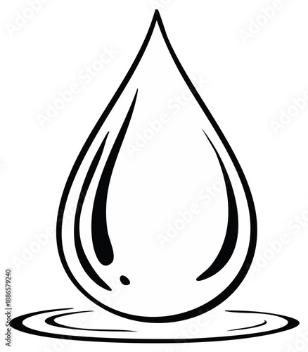 Black and White Water Drop Icon with Ripples, Illustration