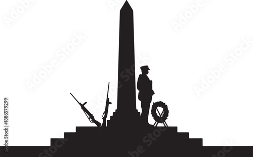 Silhouette of soldier standing near monument with wreath and rifles
