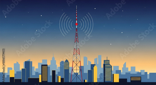 City skyline at sunset with communication tower emitting signal waves