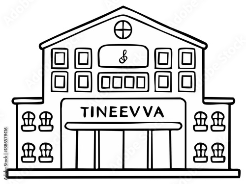 Outline drawing of a building with windows and a sign that reads TINEEVVA and a musical symbol