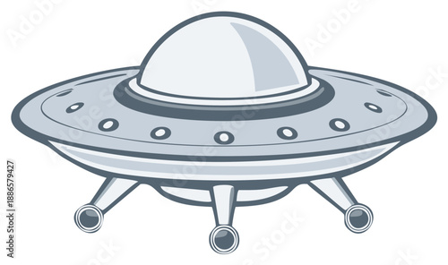 Futuristic silver flying saucer with rounded dome and four landing legs isolated illustration