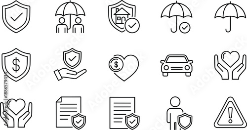 Black and white insurance icon set featuring health, home, financial, family, and safety symbols for protection, coverage, and risk management design projects.
