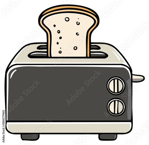 Hand drawn style illustration of a kitchen toaster with warm bread popping up for breakfast