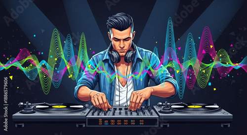 Dj mixing music on turntables with colorful sound waves in background at nightclub
