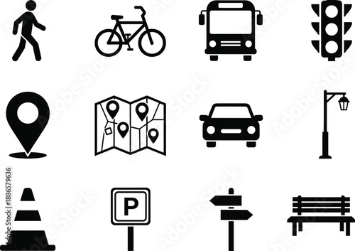 Black urban transport and city infrastructure icon set featuring vehicles, signage, navigation, and public space symbols for mobility, planning, and design projects.