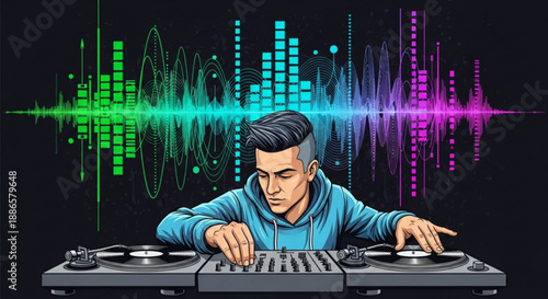 Young dj mixing music on turntables with colorful sound wave graphics behind