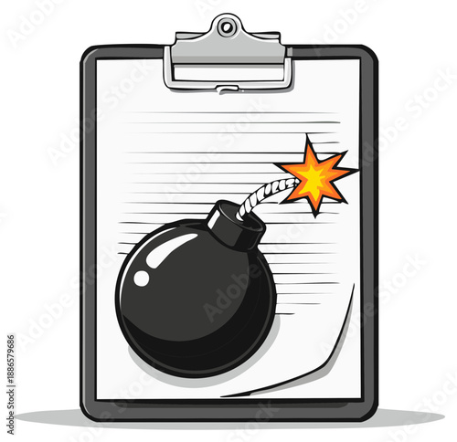 Bomb Cartoon on a Clipboard Representing a Dangerous Situation or Idea for a Task List
