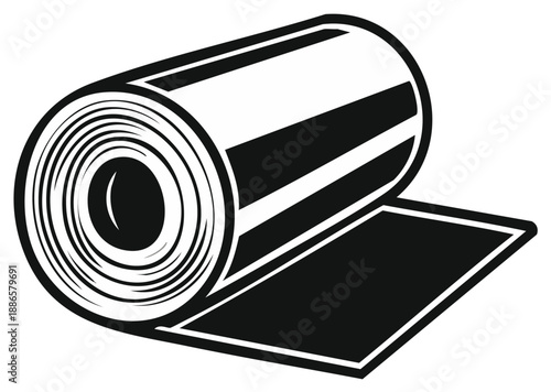 Black and white illustration of rolled paper or fabric with unrolled section.