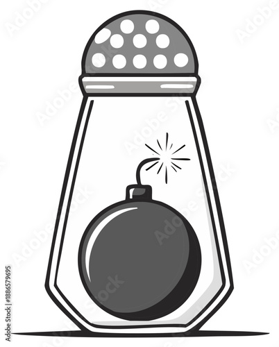 Bomb inside a salt shaker symbolizing explosive flavor or spiciness