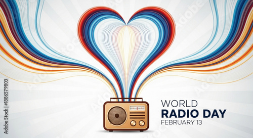 Vibrant radio with colorful heart shaped signal on world radio day