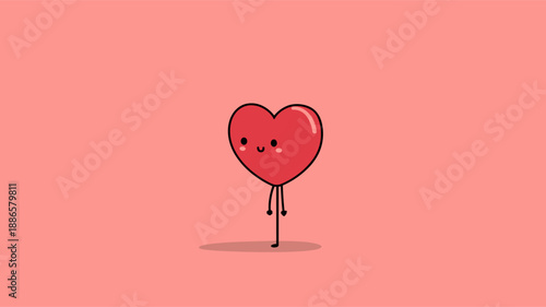 Happy cartoon heart character standing on pink background with small heart above its head. Cute cartoon heart character celebrating Valentine's Day