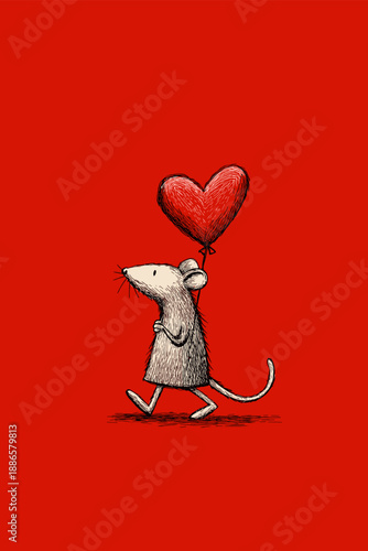 Cartoon gray rat running with a large red heart on a solid red background. Cute gray rat carrying red heart running