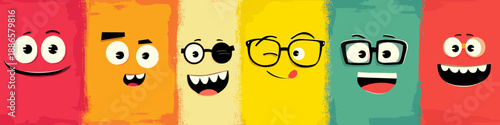 Cheerful cartoon faces on a colorful background expressing various emotions and concepts. Cartoon faces showing emotions and different personalities