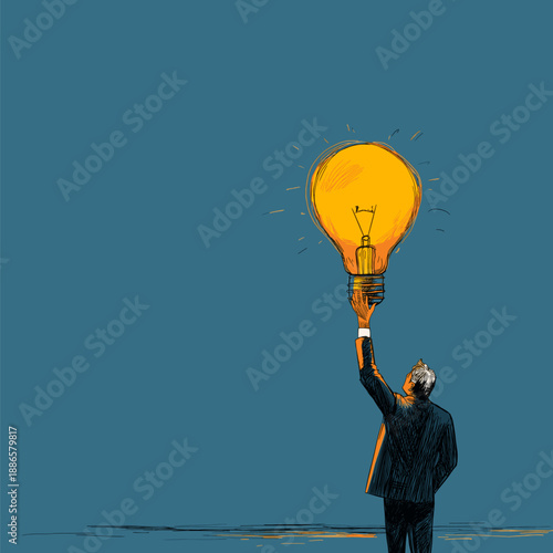 Businessman reaching for a glowing light bulb, symbolizing new ideas and innovation. Businessman holding light bulb representing creative idea