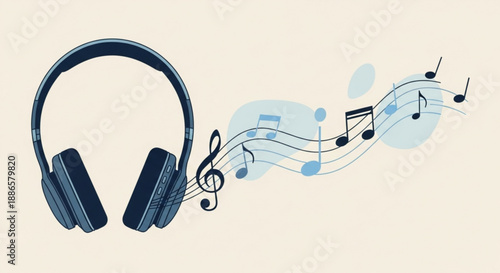 Black headphones with musical notes and treble clef on cream background