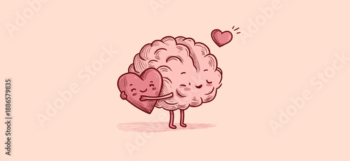 Brain and heart characters are hugging, symbolizing mental and emotional balance with care. Gentle cartoon brain and heart hugging, showing mental health