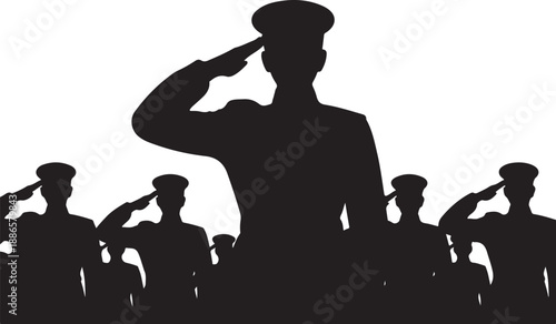 Silhouette of soldiers saluting in uniform with caps