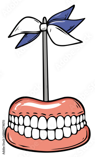 Humorous Chattering Teeth Novelty Toy with Blue and White Pinwheel Illustration