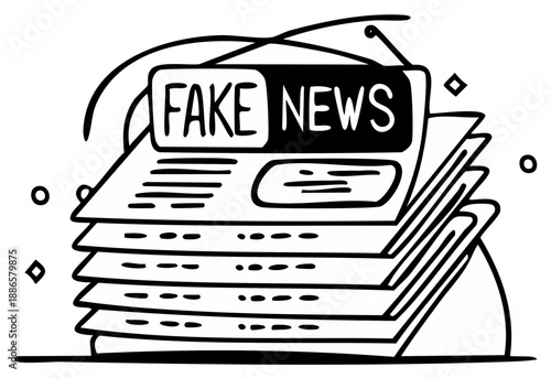 Cartoon illustration of a stack of newspapers with a 'Fake News' headline